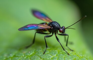 Close-up macro shot of a fungus gnat. Insect resting on green leaf. Natural beauty of wildlife. Insect in the wild, detailed vibrant image, nature exploration.