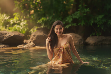 Fototapeta premium A young woman with a warm smile, seated in shallow, clear water, is the focal point of this captivating image.