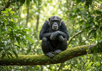 Obraz premium Chimpanzee sitting on a mossy branch surrounded by lush green foliage