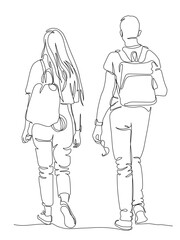 Couple man and woman with backpacks walking away. Back view. Continuous line drawing. Black and white vector illustration in line art style.