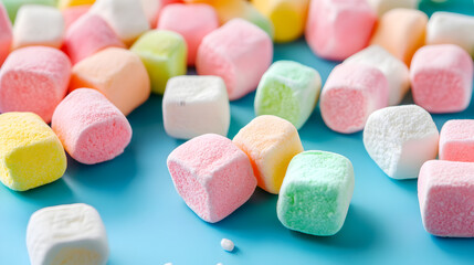 un fondo azul liso con bombones o malvaviscos coloridos en tonos pastel comida chatarra delicioso y suaves 