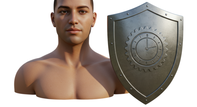Isolated Man with Shield Featuring Gear Clockwork Design