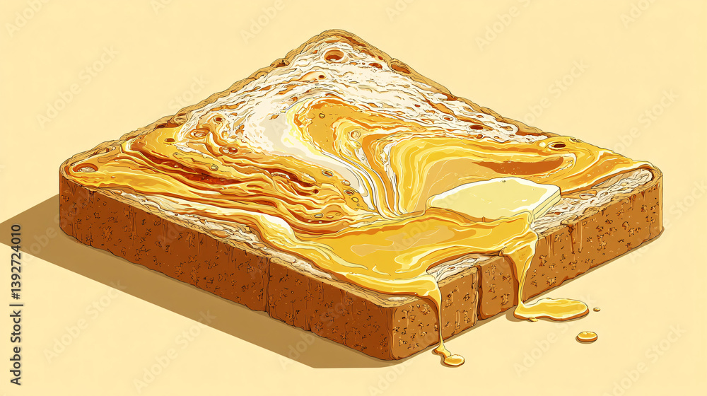 Aufkleber a buttered toast slice resembles a landscape, with the melting butter creating patterns like hills a