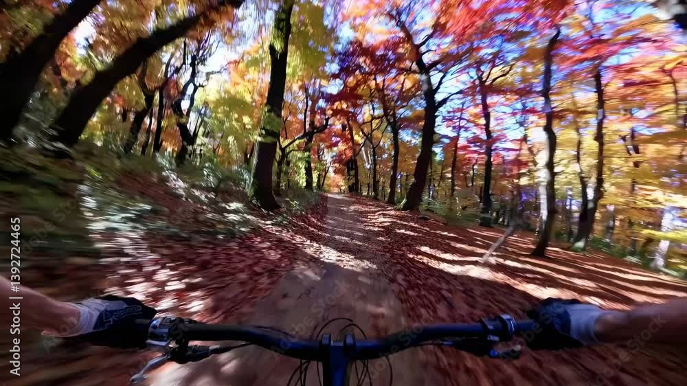 Poster pov video of mountain biking through a vibrant autumn forest, capturing dynamic motion and colorful 