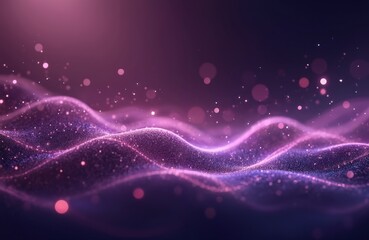 Abstract purple illustration background. Dynamic wave pattern with sparkles, particles. Modern, stylish digital art with shiny elements, flowing shapes, bright lights. Ideal for tech, web design,