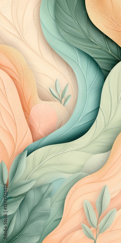 Poster abstract pastel leaf pattern background with flowing lines and layers creating a soft and calming na