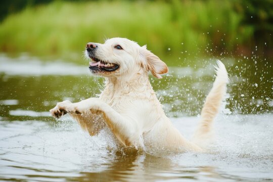 Playful dog stands in shallow water, splashing happily with paws lifted