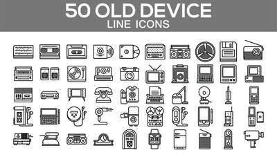Old Device Line Icons – Vintage Technology, Retro Gadgets, Electronics
