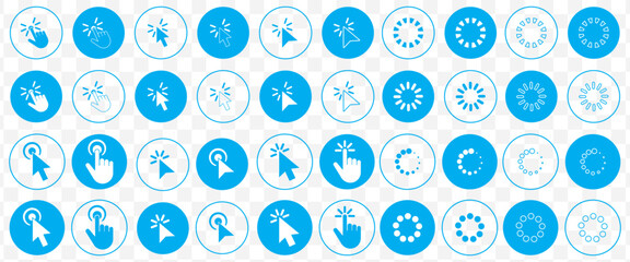 Computer mouse click cursor Blue arrow icons set and loading icons. Cursor icon. Vector illustration. Mouse click cursor collection. Click icon vector set. Cursor pointer clicking symbol collection.