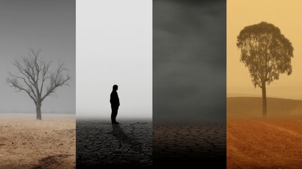 A solitary figure stands in a desolate landscape, depicted through four distinct seasons or environmental states, each showing a different color palette and atmosphere.