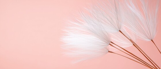 Three delicate white pampas grass stems arranged artfully against a soft pink background creating a minimalist botanical scene perfect for design projects and home decor