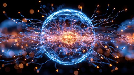 Glowing abstract sphere radiating energy with plasma filaments on black background