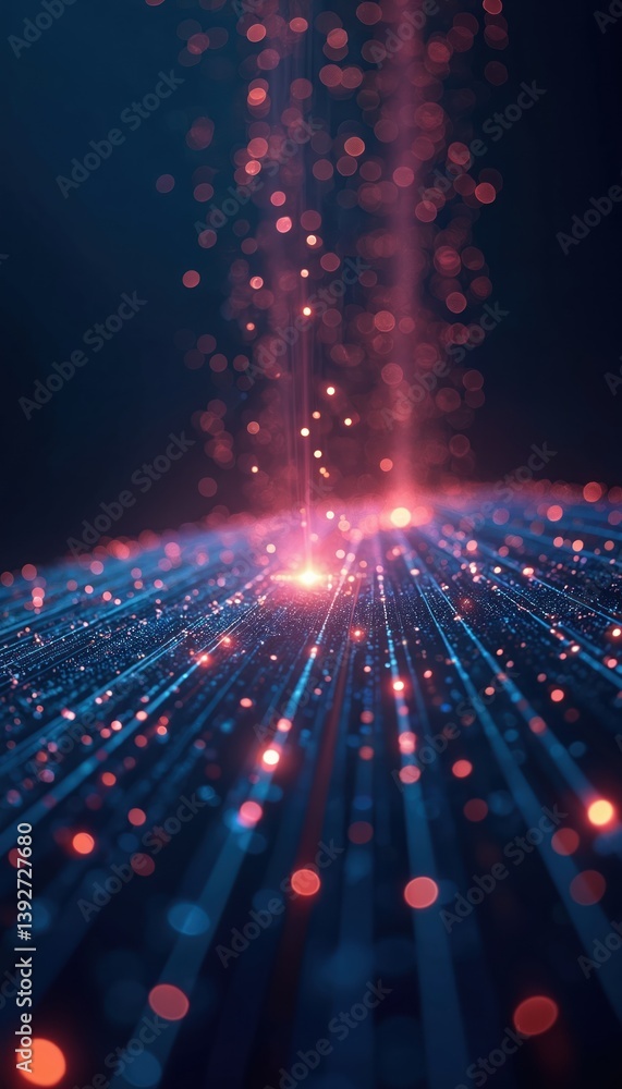 Poster Abstract tech background with connected dots and lines. Digital data flow, information uploading, cyberspace, connection concept. Futuristic design, bokeh, internet, network, AI, modern data transfer.