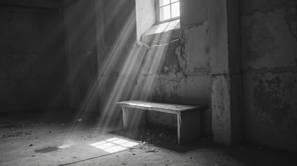 dimly lit room with weathered bench, sunlight streams through window, creating serene atmosphere. Dust particles dance light, enhancing tranquil