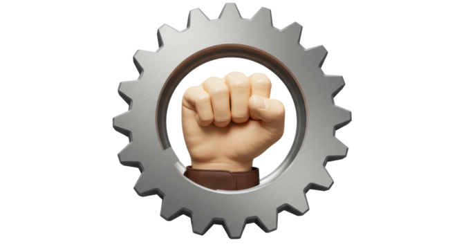 Isolated Fist Symbol in Gear Wheel for Strength