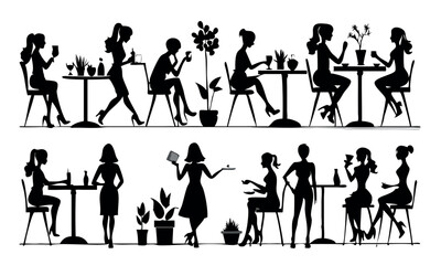 Black vector silhouettes of people illustration shows a fashion-conscious woman with a shopping bag and a dancing couple in various poses.