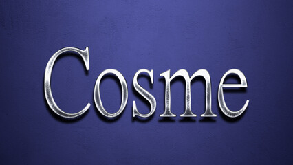 3D Chrome name design of Spanish name Cosme on blue Background.