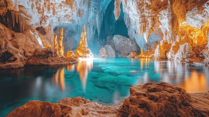 Crystal clear cave pool, stunning formations