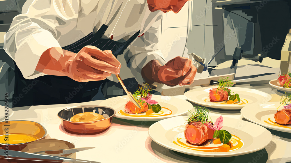 Poster a chef is carefully adding the final touches to a high-quality meal, demonstrating skill and accurac