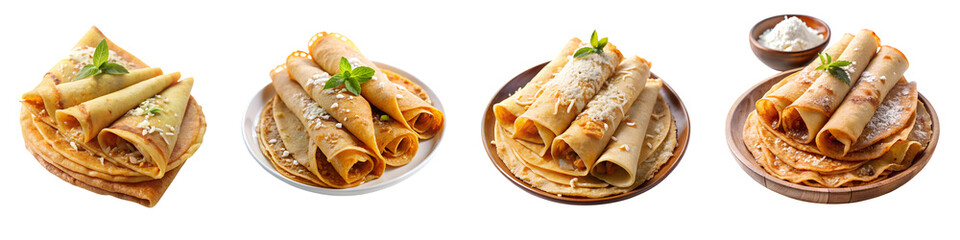 Thin crepes filled with coconut and jaggery on a transparent background.
