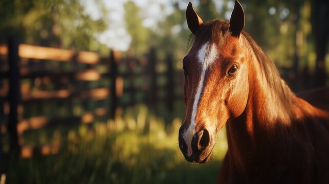 A chestnut horse with a white blaze gazes forward, framed by a blurred, sun-dappled fence and lush greenery. Warm, natural lighting - Powered by Adobe