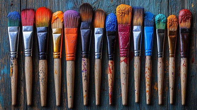 Assorted paintbrushes with colorful paint