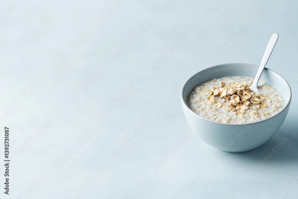 Poster capture single bowl of oatmeal with simple spoon on smooth solid color background