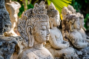Fototapeta premium Row of aged, carved statues in serene meditative poses outside