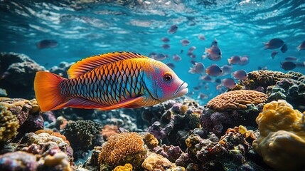 Fototapeta premium Vibrant underwater world featuring colorful fish amidst coral reef formations