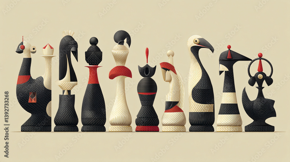 Aufkleber a chess set designed with a surrealist aesthetic, featuring pieces that visually change depending on