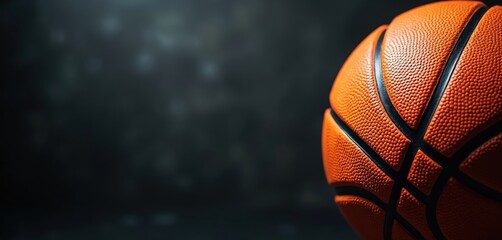 Detailed orange basketball on dark background with copy space. Professional sport competition, league match. High quality leather surface, black lines. Sports equipment advertising, banner design.