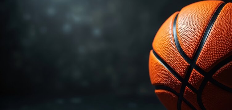 Detailed orange basketball on dark background with copy space. Professional sport competition, league match. High quality leather surface, black lines. Sports equipment advertising, banner design.
