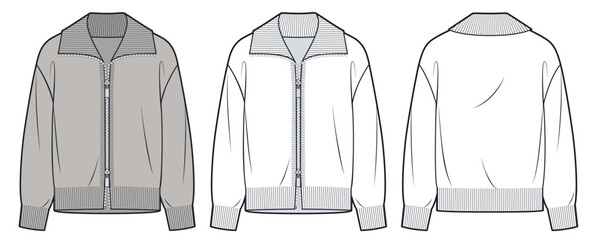 Zip-Up Jacket Technical Fashion Illustration. Cardigan Sweater fashion flat technical drawing template, front zipper, relaxed fit, front and back view, white, brown, women, men, unisex CAD mockup set. © Liubov Hladka