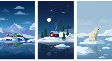 Winter landscape illustration with snowy cabins, polar bear, ice floes, and Arctic scenery — cozy Alaska-inspired nature scene