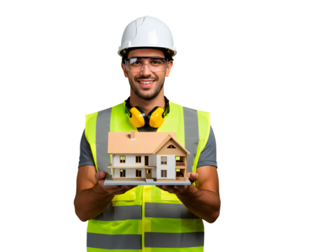 Construction worker holding a house model