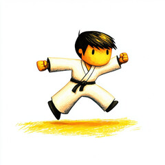 watercolor illustration of martial artist in white uniform performing dynamic jump with energy