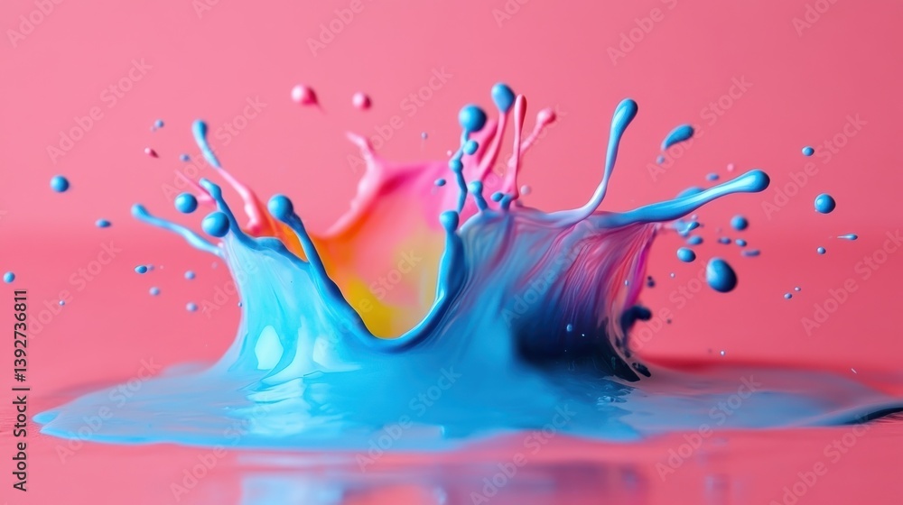 Poster vibrant splash of blue and pink paint creating an artistic expression in a macro capture of fluid dy