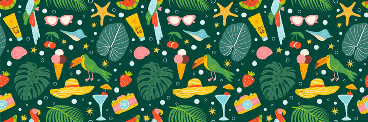 Summer hand drawn crayon icons set, seamless pattern. Tropical vacation on beach collection elements. Vector flat illustration