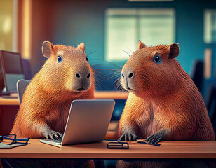 Two cute professional capybara working together at work desk with laptop computers