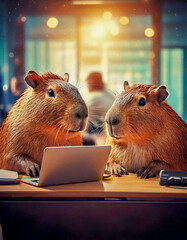 Two cute professional capybara working together at work desk with laptop computers