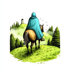 knight in blue cloak rides horse through lush green landscape with distant tower, evoking serene medieval journey