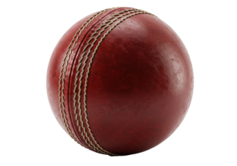 Close-up of a textured red cricket ball showcasing stitching details and shine