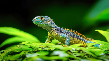 Fototapeta premium [Colorful Chameleons in Tropical Environments] Vibrant Tropical Green Chameleon perched on colorful leaves in a lush jungle scene.
