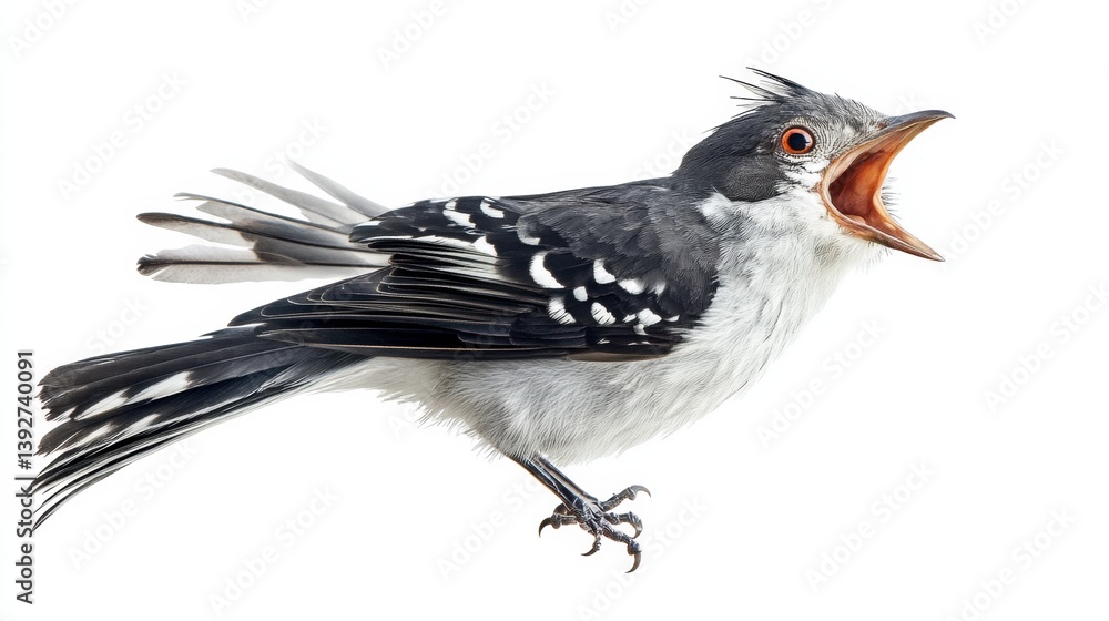 Poster Cuckoo bird calling with open beak exhibits vibrant feathers and striking features against a white background in a natural display of vocalization