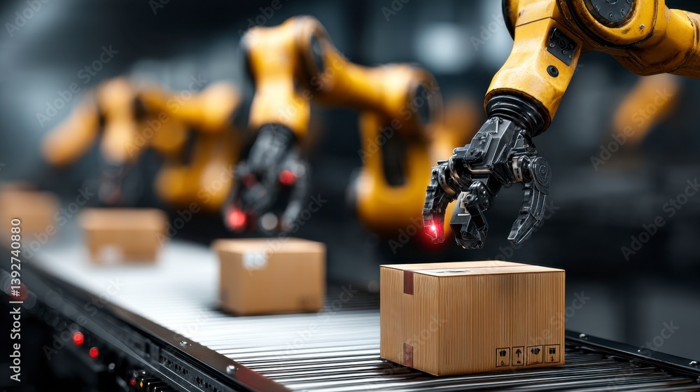 Poster robotic arms on an assembly line handle cardboard boxes. industrial automation concept.