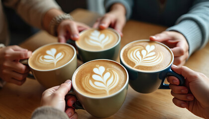 Friends gather cafe, enjoying latte art coffees in cozy setting. Hands holding mugs with foam design. Sunny morning, wooden table. Friendship, leisure time, beverage, relaxation.