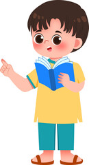 Cute Boy in Yellow Shirt Reading Blue Book and Pointing