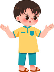 Joyful Young Boy in Yellow Shirt and Teal Pants, Open Arms