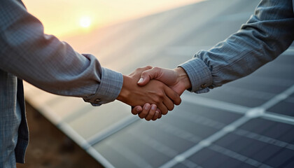 Close-up handshake agreement with solar panel background. Business partners shaking hands after deal. Green energy concept. Renewable eco resources, alternative power, teamwork, partnership,