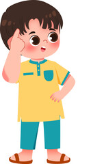 Thoughtful Young Boy in Yellow Kurta and Teal Pants, Hand on Head